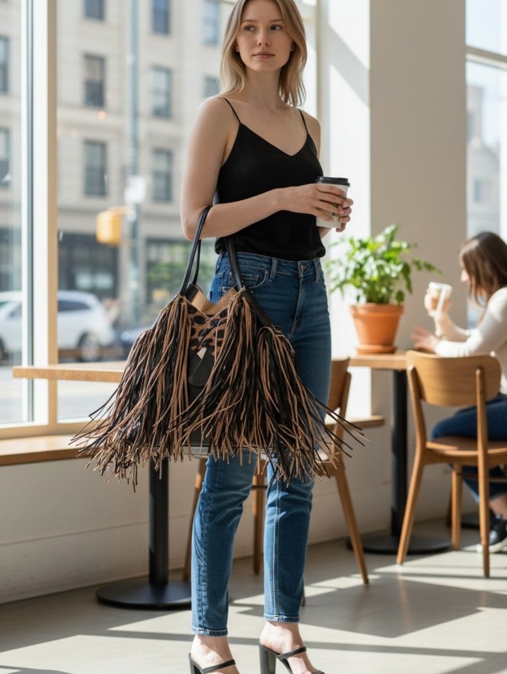 Ulla Johnson Charlotte fringe black & tapir shoulder bag with suede lining - Picture 12 of 15